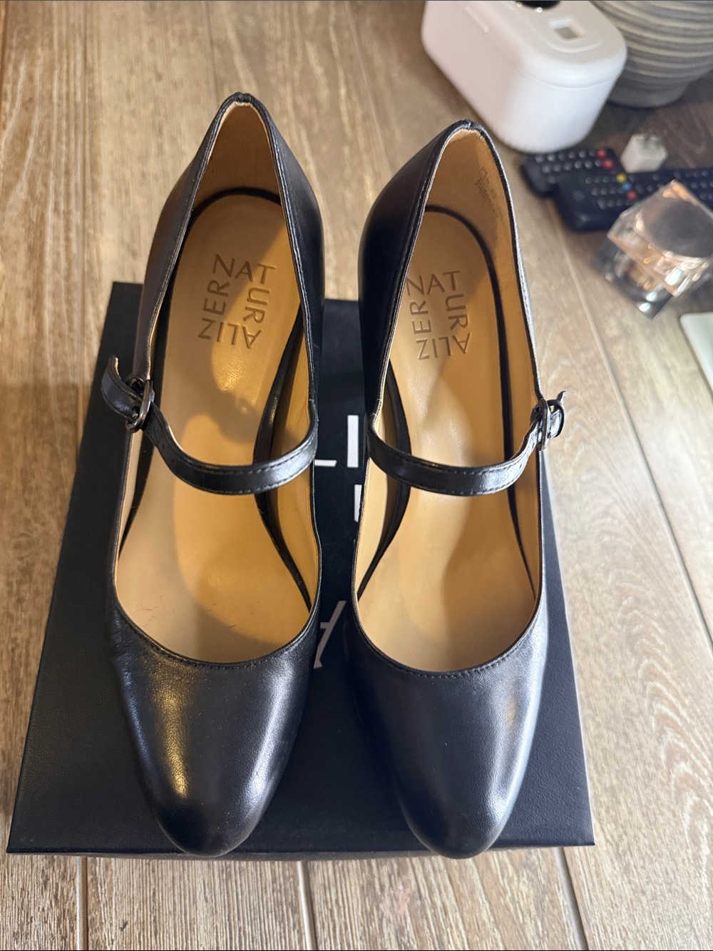 Naturalizer Black Leather Mary Jane High Heel Pumps with Ankle Strap - Picture 2 of 4